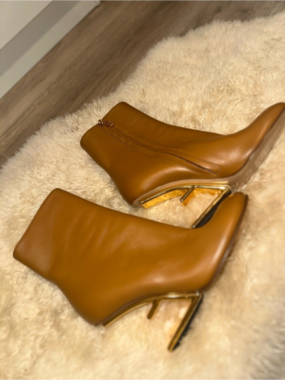 Fendi Cognac Leather Ankle Booties with Gold Sculpted Heel